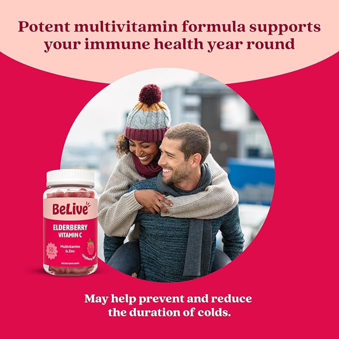 BeLive Elderberry Gummies with Zinc and Vitamin C - Immune Support Supplement with Vitamin D, A, E, B12 - Gummies for Healthy Bones & Teeth, Vegan, Keto & Non-GMO - Raspberry Flavor | 3-Pack