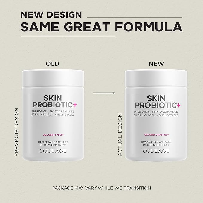 Codeage Skin Probiotics + Prebiotics - Skin Care Routine Supplement - 50 Billion CFU - Ayurvedic Botanical Herbs - Face Probiotics - Shelf Stable Cleanser, Non-GMO, Vegan - 60 Capsules