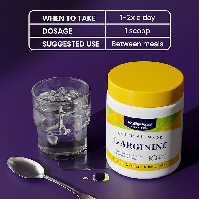 Healthy Origins L-Arginine Powder 5,000 mg per Serving, 10.6 oz (300g) - American-Made USP Grade Amino Acid, Nitric Oxide Precursor Supports Heart Health, Sports Recovery & Performance - 60 Servings