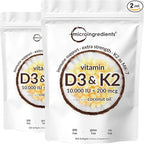 Micro Ingredients Vitamin D3 10,000 IU + K2 MK-7 200 mcg, 600 Softgels with Virgin Coconut Oil (2 Pack) | 2-in-1 Vitamins D & K Complex | Extra Strength, Easy to Swallow, Non-GMO, Gluten Free