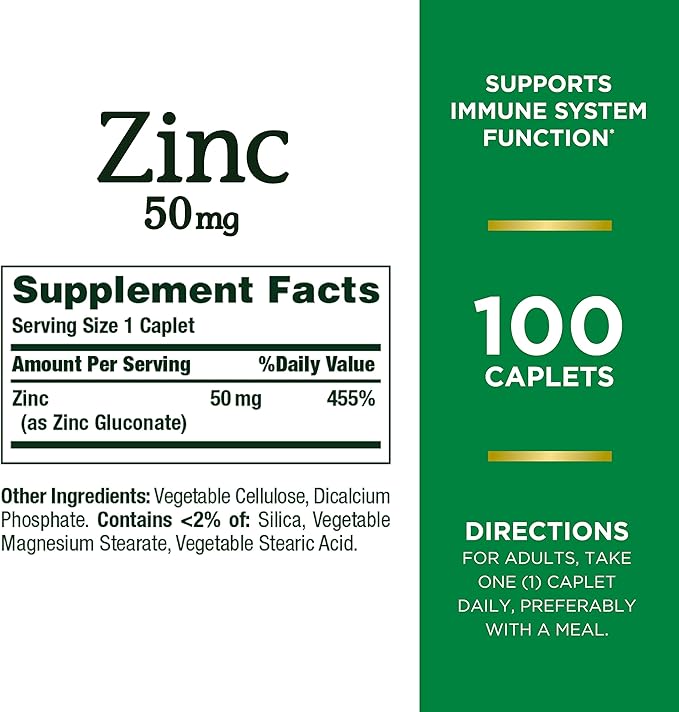 Nature’s Bounty Zinc 50mg,Immune System, Skin, & Antioxidant Health Support, Contributes to DNA Formation, Vegetarian, Non-GMO, Gluten Free, 100 Caplets, 1 Serving Per Day for Daily Health (Pack of 2)