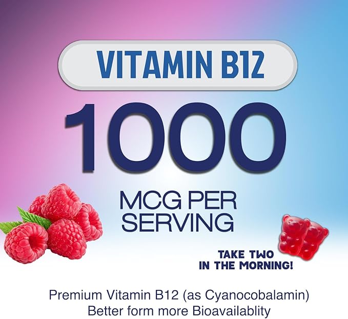 Energy Gummies - Vitamin B12 1000 mcg Per Serving - Daily Energy Gummy with Natural Caffeine from Green Tea, Berry Flavor B12 Chewable Exercise Supplement for Running Cycling & Sports - 60 Gummies