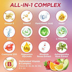 Methylated Vitamin B Complex Gummies for Women & Men with Vitamin B1, B2, B3, B5, B6, B7, B9, B12 & Magnesium, Omega-3, CoQ10, Supports Brain Health, Energy, Immune, Sugar Free, Fruit Flavor, 60ct