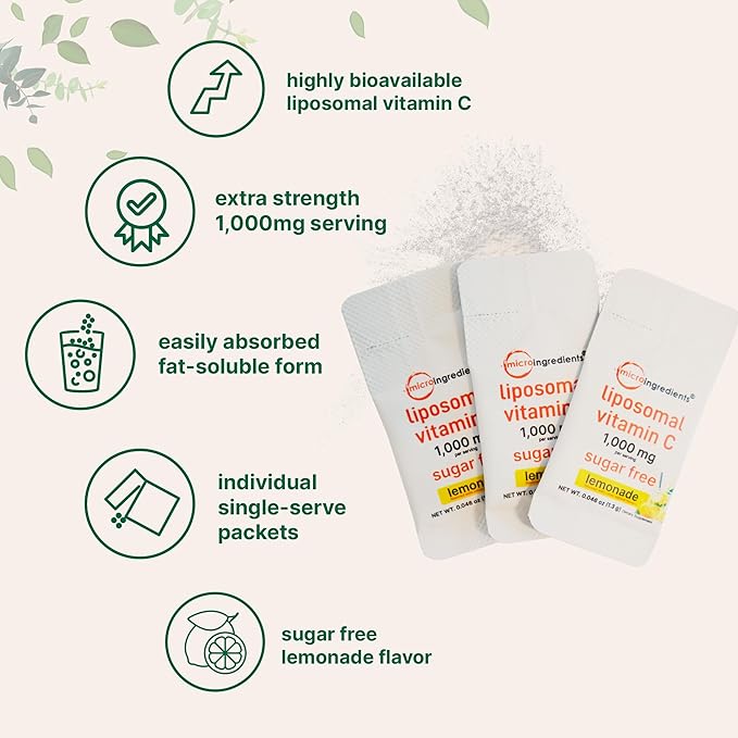 Micro Ingredients 1,000mg Vitamin C Powder for Daily Use | Liposomal Fat-Soluble Form for Better Absorption | Sugar-Free Lemonade Drink Mix | 40 Travel Packets, Fast-Dissolving