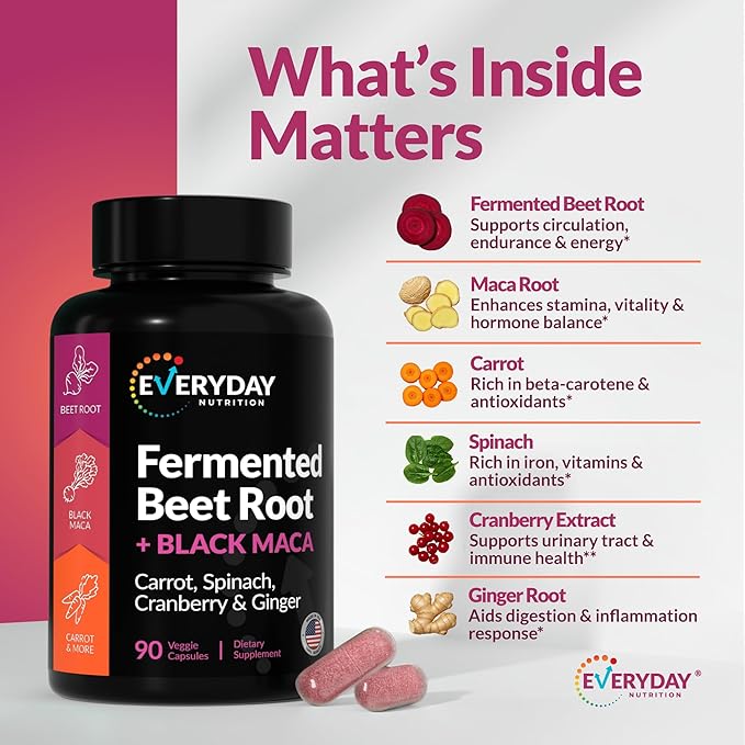 Organic Fermented Beet Root & Black Maca Capsules with Carrot, Spinach, Cranberry & Ginger | Superfood for Energy, Stamina & Wellness | 90 Veggie Capsules | Made in USA
