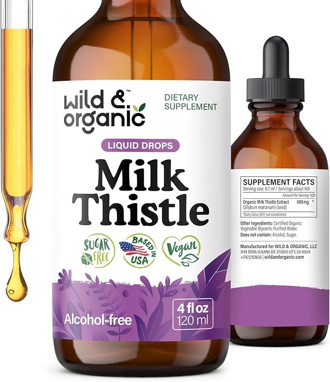 Wild & Organic Milk Thistle Liquid Drops - Liver Cleanse Detox - Silymarin Milk Thistle Supplement for Liver Support - Add to Tea - Silybum Marianum Seed Extract Tincture - Sugar & Alcohol-Free - 4 oz