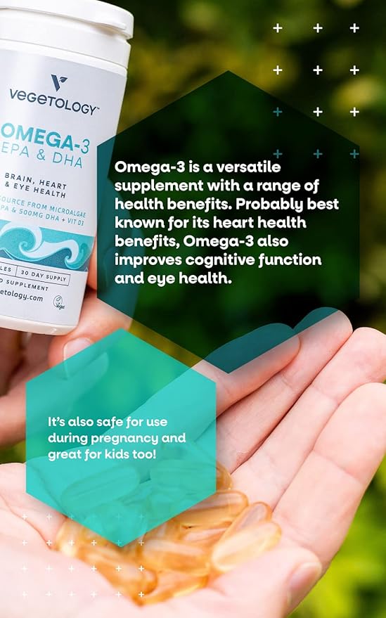 VEGETOLOGY Vegan Omega 3 Supplement – EPA, DHA Supplements & Vitamin D3 – Algae Omega 3 Vegan Supplements for Brain, Eye & Heart Health – for Kids & Adults (180 Capsules)