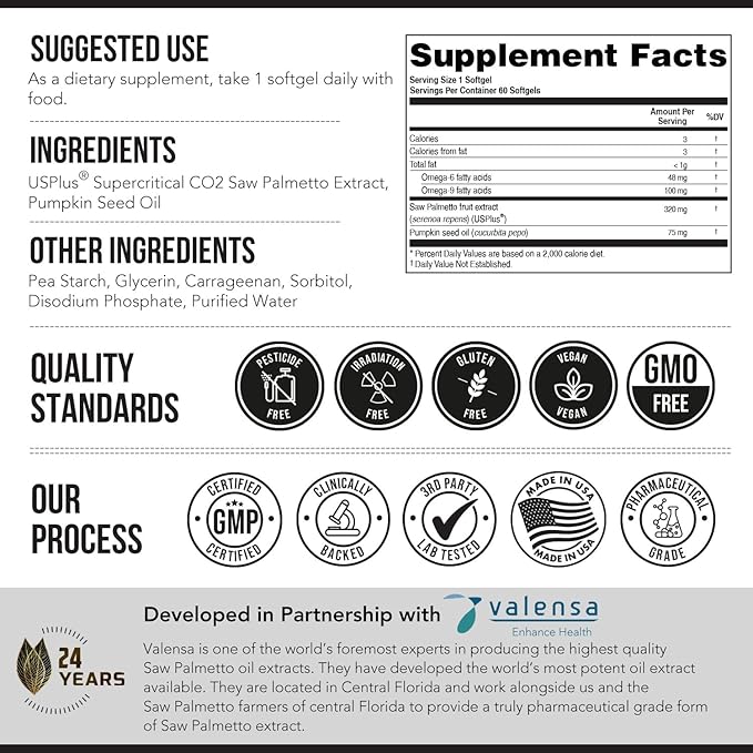 Saw Palmetto Extract – 10X Potency, Pharmaceutical Grade Strength - Plus Pumpkin Seed Oil - Supports Prostate Health, Relieves Urination Issues, Supports Hair Growth, DHT Blocker – 60 Softgels