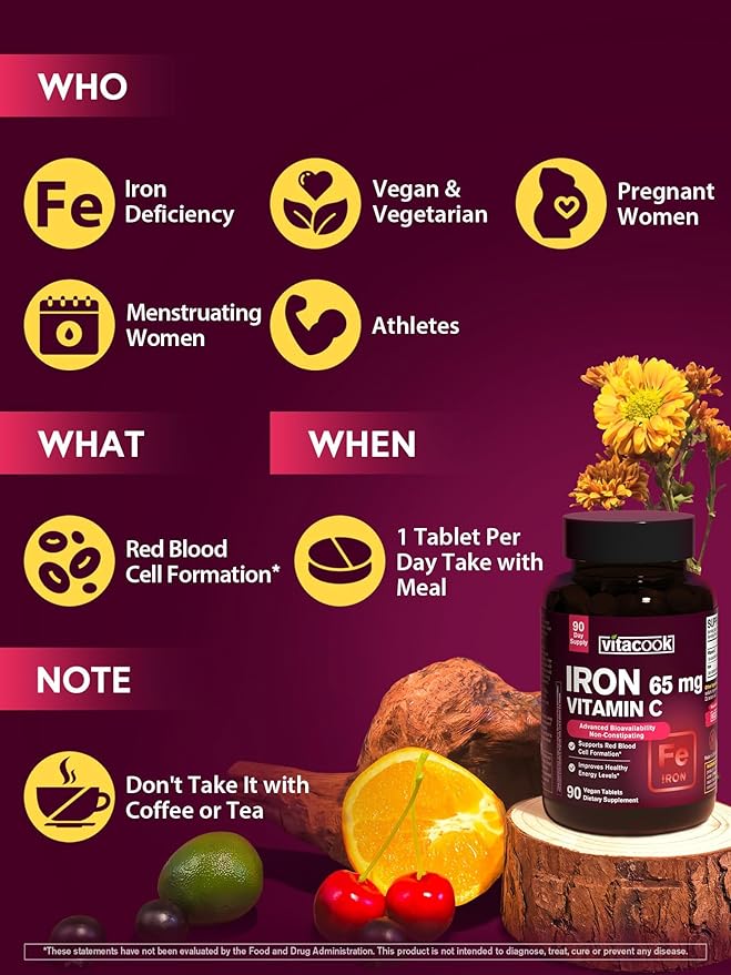 Iron Supplement for Women Men, High Potency Iron 65mg with Vitamin C 250mg, Stomach Friendly Iron Pills for Red Blood Cell & Immune Support, Vegan, Non-GMO & Gluten Free, 90 Tablets
