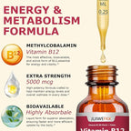 Liquid Vitamin B12 Drops 5000 mcg - Extra Strength B12 Methylcobalamin with B1 B6 B3 Folate Niacin - Fast Absorption Sublingual B-12 Drops for Energy Metabolism & Brain Function, Vegan B Complex