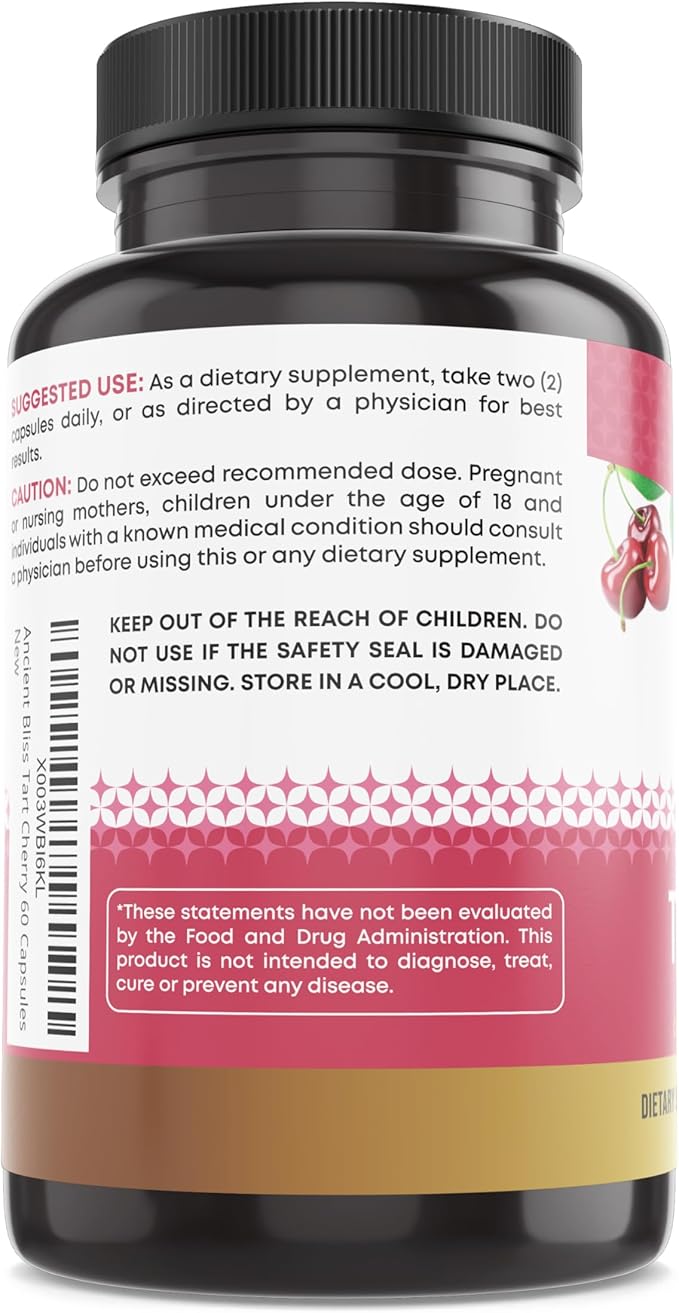 Ancient Bliss Tart Cherry Capsules, Inflammation & Joint Support Supplement for Men & Women, Tart Cherry Supplement to Support Digestion, Sleep & Vitality (120 Capsules)