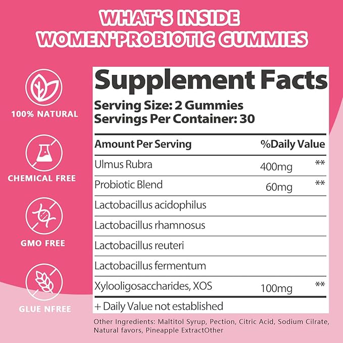 Feminine Vaginal Probiotics Gummies, Supports pH Balance & Digestive Health, Slippery Elm for Women, Suagr-Free, Veagn, Pineapple Flavor, 120 Count
