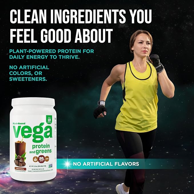 Vega Premium Protein + Supergreens, Chocolate – 20g Vegan Protein, Dairy & Gluten Free, 22.4 oz (19 Servings)