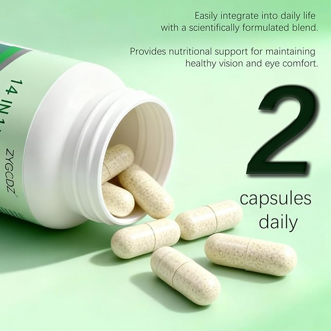 14-in-1 Advanced Eye Vitamin Supplement with Lutein, Zeaxanthin, Bilberry Extract & Zinc for Adults - Supports Vision, Macula & Blue Light Protection - 60 Capsules (01)