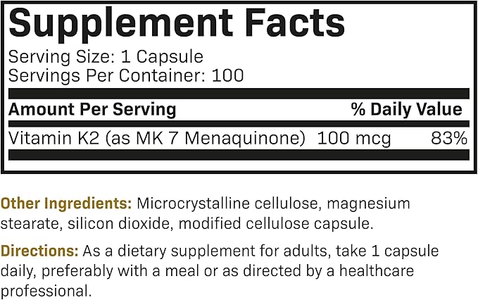 Futurebiotics Vitamin K2 as MK-7 100 mcg, Supports Strong Bones - Non-GMO, 100 Vegetarian Capsules