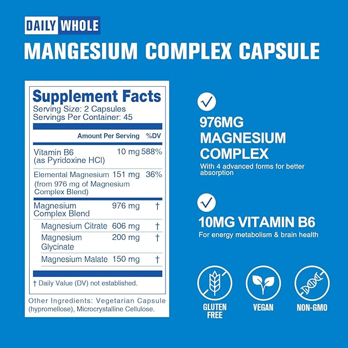 Magnesium Glycinate 4-in-1 Complex for Women, 976mg of Magnesium Glycinate, Citrate, Malate, L-Threonate & Vitamin B6 Supplement for Health | Third Party Tested, Gluten Free, Non-GMO - Easy to Swallow