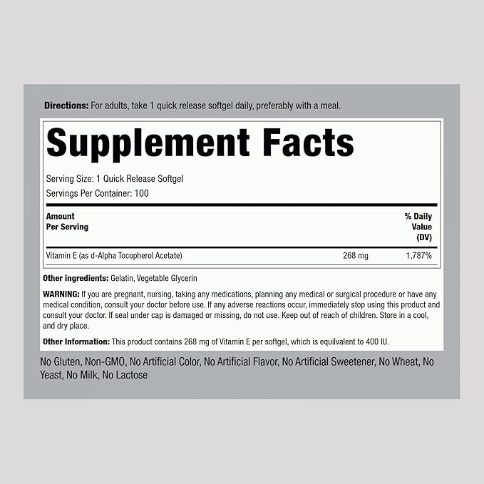 Piping Rock Vitamin E 400 IU Softgel Capsules | 268mg | 100 Pills | D-Alpha Tocopherol | Non-GMO, Gluten Free Supplement