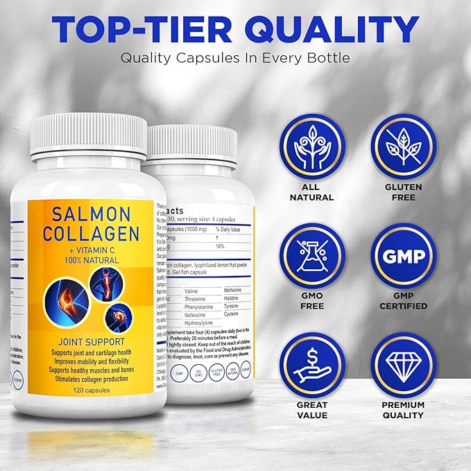 Salcoll Premium Marine Collagen Capsules, 120 Count, Fish Collagen Supplement for Joint Support, Skin, Hair & Nails