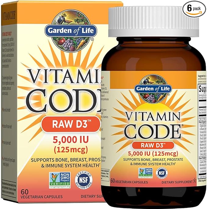 Garden of Life Vitamin D3 5000 IU, Raw Whole Food Supplements with Chlorella, Fruit, Veggies & Probiotics for Bone & Immune Health, 60 Vegetarian Capsules (Pack of 6)