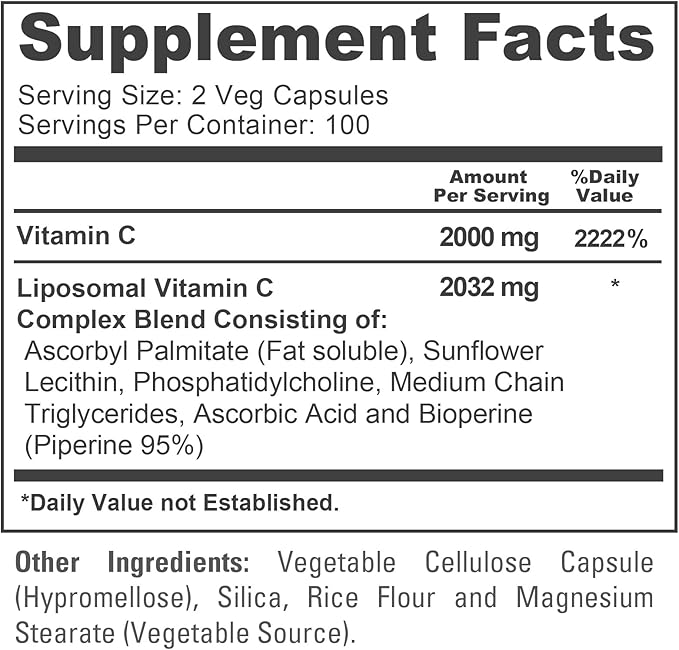 NusaPure Liposomal Vitamin C 2032mg - 200 Veggie Vegan Capsules, BioPerine - High Absorption Ascorbic Acid
