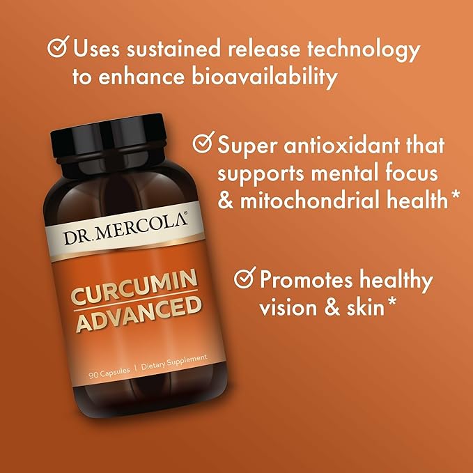 Dr. Mercola Curcumin Advanced - 500 mg Curcumin Root Extract - 95% Curcuminoids - For Vision Health, Digestion & Focus - Sustained Release - Non-GMO, Gluten-Free & Soy-Free - 90 Servings (90 Capsules)
