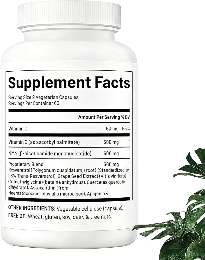 NMN 1000mg per Serving, Ultimate 10-in-1 NAD+ Support with Trans-Resveratrol, Apigenin, CoQ10, Vitamin C, 120 Vegetarian Capsules