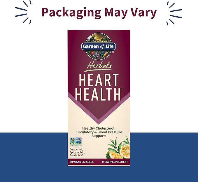 Garden of Life Herbals Heart Health Supplement with Folate, Bergamot, Green Tea & Vitamin E & K for Cholesterol, Circulatory & Blood Pressure Support, Non-GMO, Gluten-Free, Citrus Flavor, 30 Servings