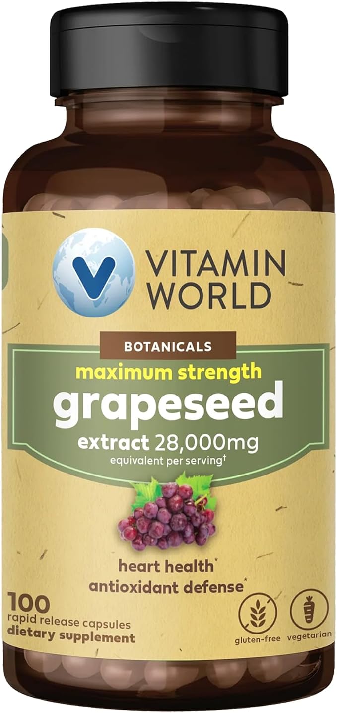 Vitamin World Grape Seed Extract, 95% Polyphenols, Supports Heart Health & Antioxidant Protection, Gluten-Free, Vegetarian, 100 Servings