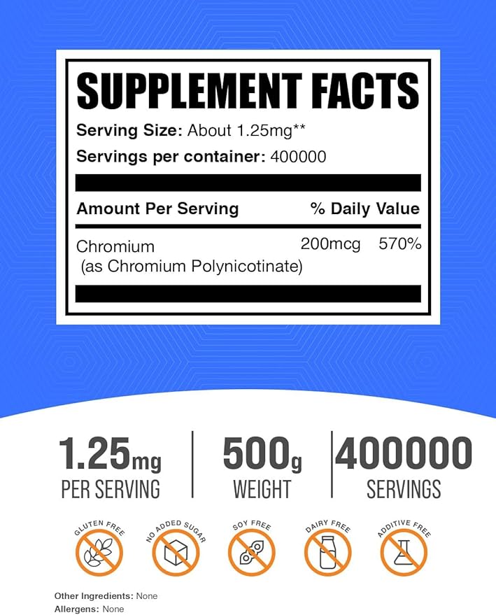 BulkSupplements.com Chromium GTF Powder - Chromium Polynicotinate - Gluten Free & Yeast Free, 1.25mg per Serving (200mcg), 500g (1.1 lbs) (Pack of 1)
