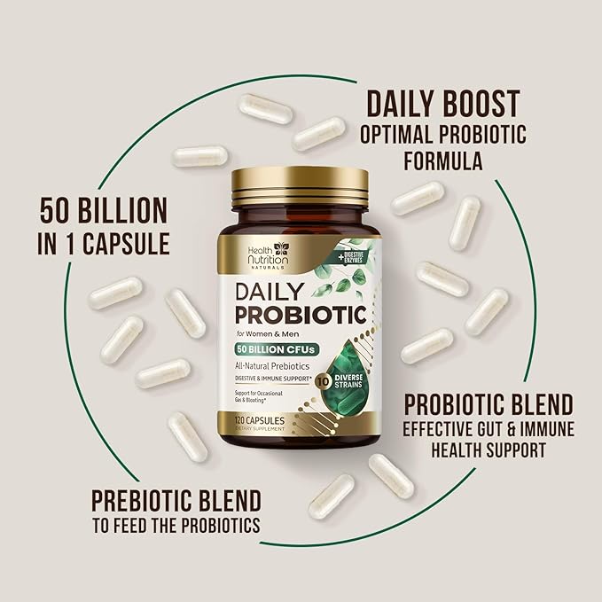 Probiotics 50 Billion CFU per Serving - 10 Strains + Prebiotics - Digestive Health, Gut & Immune Support - Occasional Constipation, Gas & Bloating Support for Women & Men, Bottled USA - 120 Capsules