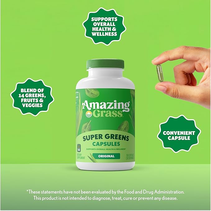Amazing Grass Greens Blend Superfood Capsules: Super Greens with Organic Spirulina, Chlorella, Beet Root Powder, Digestive Enzymes & Probiotics, 150 Capsules (Packaging May Vary)