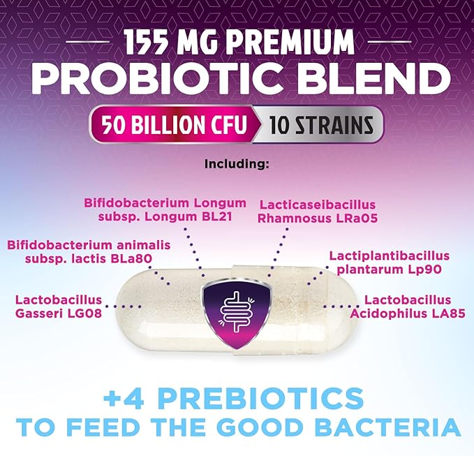 Probiotics for Digestive Gut Health - 50 Billion CFU Per Capsule, 10 Premium Strains & Prebiotics - Best Probiotics for Women & Men, Occasional Constipation, Gas, Immune Health Support - 180 Capsules