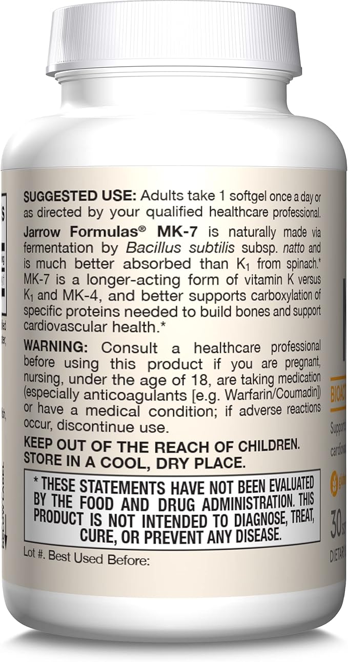 Jarrow Formulas MK-7 180 mcg - Bioactive Form of Vitamin K2-30 Servings (Softgels) - for Bone & Cardiovascular Health - Vitamin K2 MK-7 Dietary Supplement - Gluten-Free