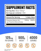 BulkSupplements.com Thiamine Mononitrate Powder - Vitamin B1 Powder, Thiamine B1 Supplement - B1 Vitamins, Gluten Free, 125mg per Serving, 500g (1.1 lbs) (Pack of 1)