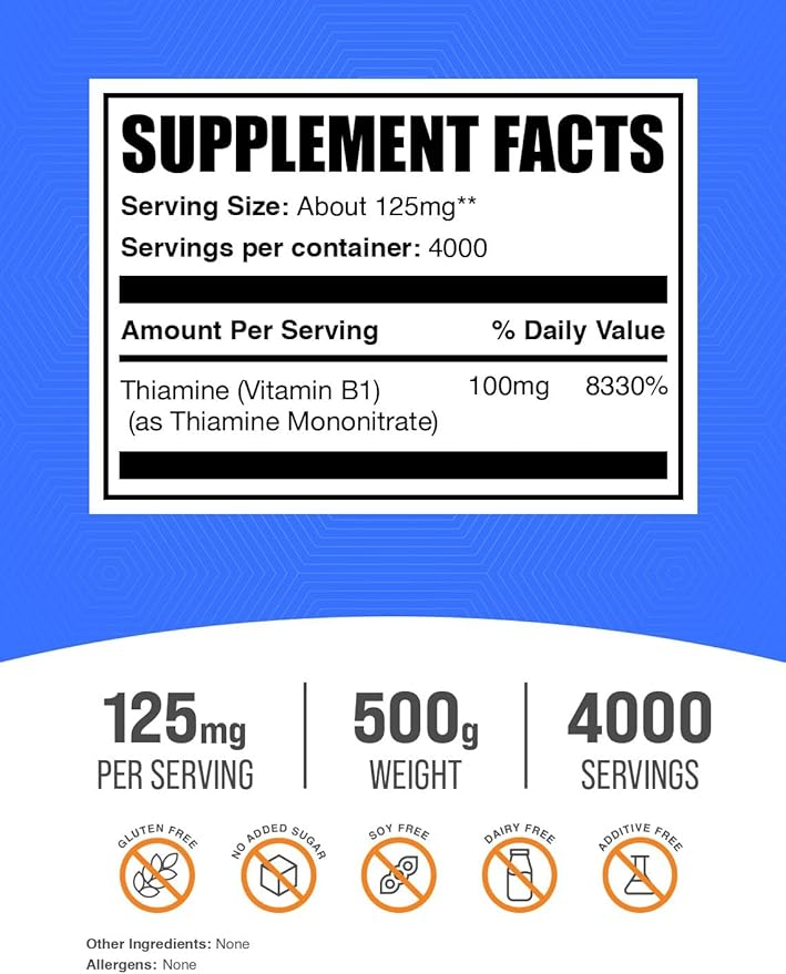 BulkSupplements.com Thiamine Mononitrate Powder - Vitamin B1 Powder, Thiamine B1 Supplement - B1 Vitamins, Gluten Free, 125mg per Serving, 500g (1.1 lbs) (Pack of 1)