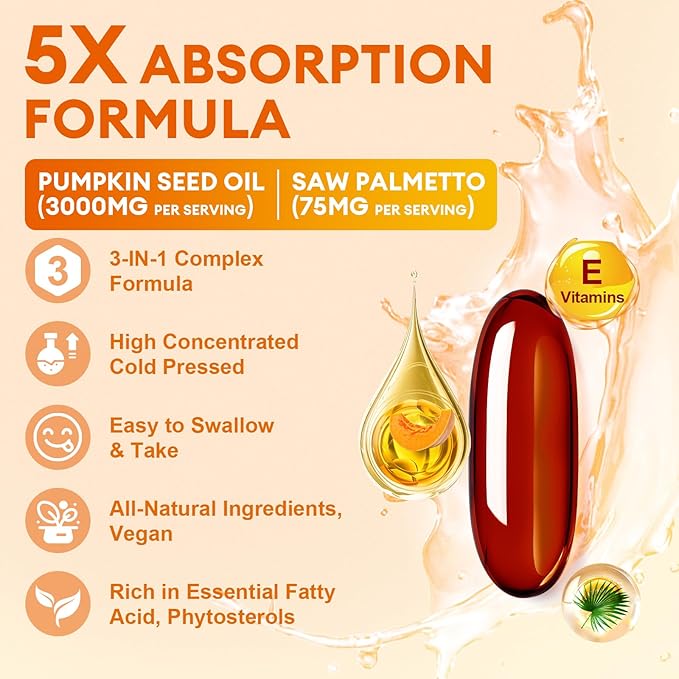 Pumpkin Seed Oil Capsules with Saw Palmetto, High Concentrated Pumpkin Seed Oil Supplement for Hair Growth, Urinary, Bladder & Prostate Health, Cold Pressed, Vegan, Non-GMO, 180 Softgels