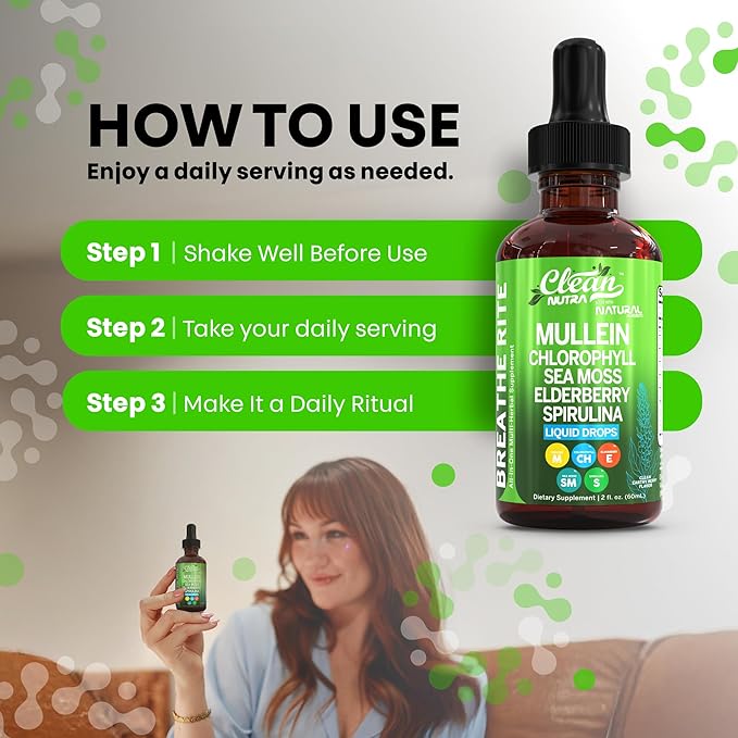 Organic Mullein Liquid Drops With Chlorophyll for Lung Detox Plus Irish Sea Moss, Spirulina, Licorice, Tart Cherry, Lobelia, Motherwort, And Elderberry For Men Women Health Supplement Vitamin (2)