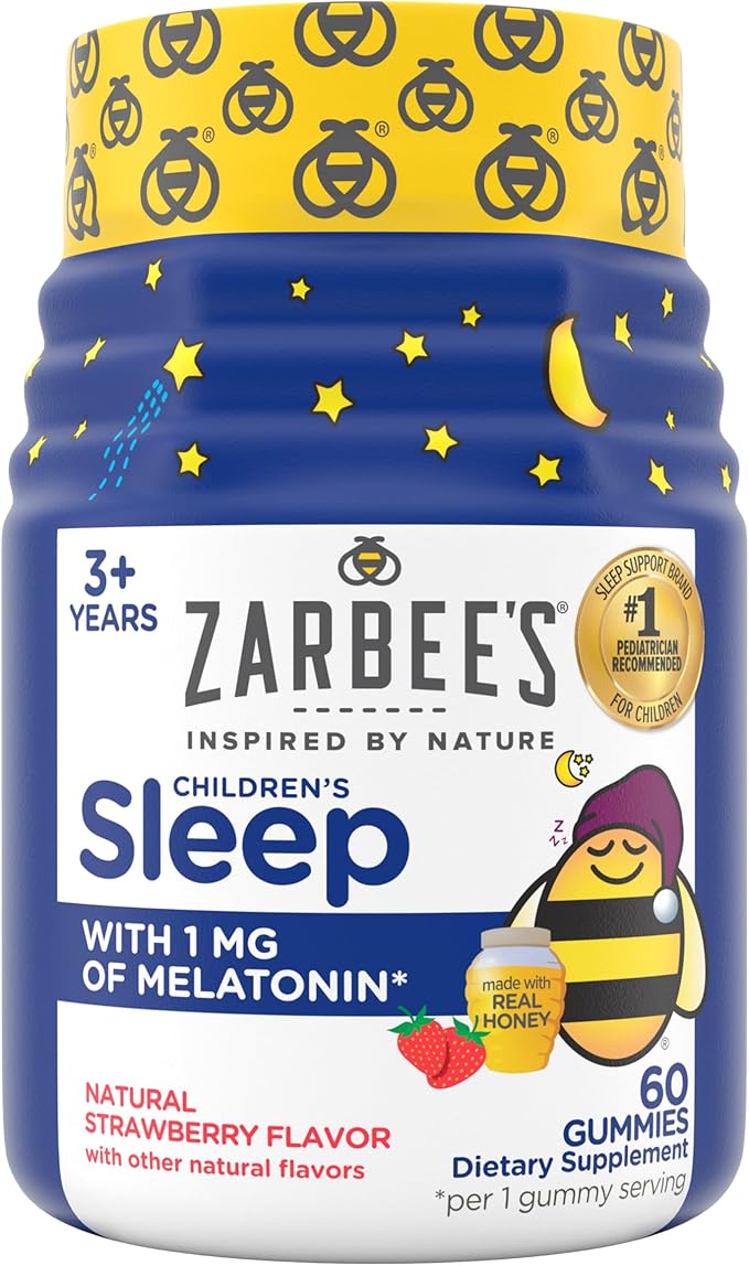 Zarbee's Kids Melatonin Gummies with 1mg Melatonin, Kids Sleep Gummy, Promotes Peaceful Sleep, Drug-Free, Non-Habit-Forming, Natural Strawberry, 60 ct