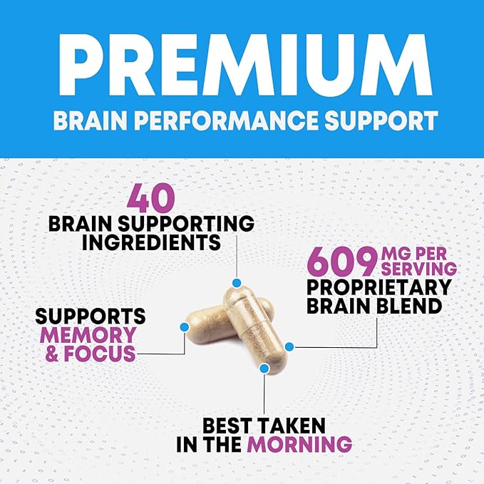 Brain Memory Supplement Pills - 3X Strength Nootropics for Concentration, Clarity & Focus Support - Brain Health Cognitive Vitamins with Bacopa, Phosphatidylserine & DMAE, Brain Booster - 120 Capsules