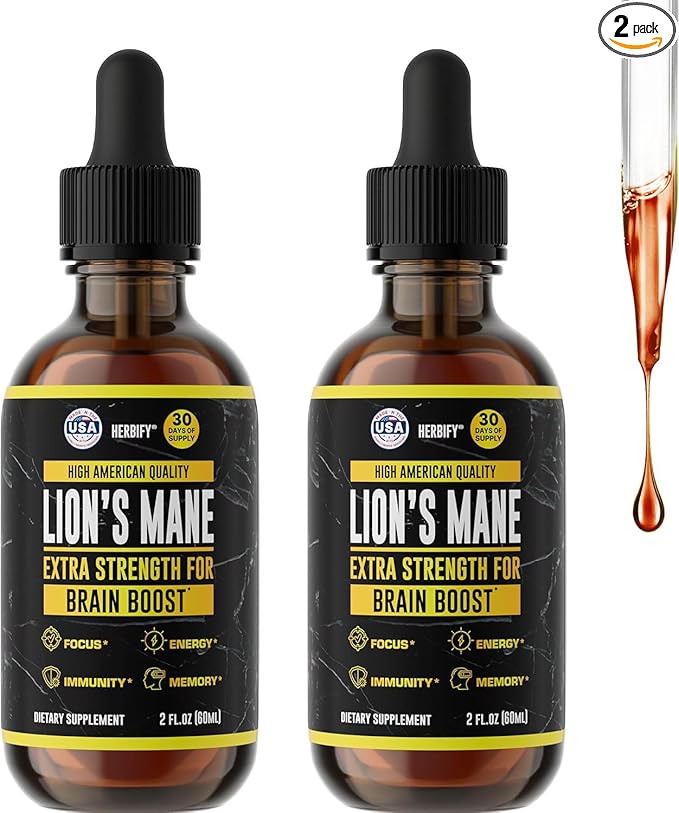 HERBIFY Lions Mane Mushroom Supplement - Immune Support - Lions Mane Tincture for Memory, Focus & Clarity - Daily Mushroom Supplement - 2 Fl oz 2 Pack