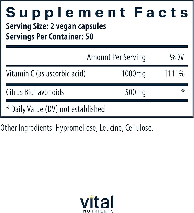 Vital Nutrients Vitamin C with Bioflavonoids - Vegan Supplement for Immune Support* - 1000mg Vitamin C and 500mg Citrus Bioflavonoid - Gluten, Dairy and Soy Free - Non-GMO - 100 Capsules