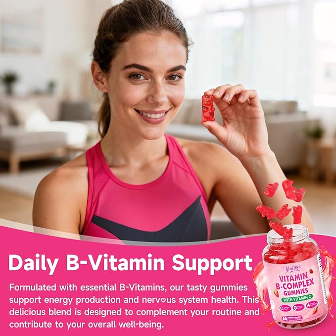 Vitamin B-Complex Gummies for Women & Men, Methyl B12, B1, B2, B3, B5, B6, B7 & B9 - Vitamin B Complex with Vitamin C Supports Energy & Immune Function, Strawberry Flavor, 60 Count