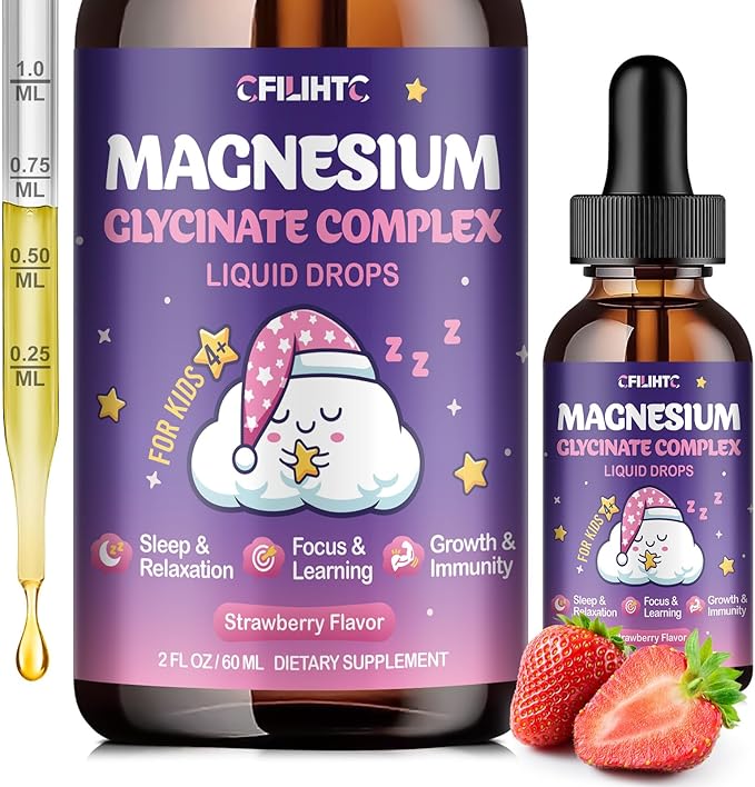 Magnesium Glycinate Liquid for Kids - Magnesium Bisglycinate Drops with L-Theanine, Chamomile & Vitamin B6, B12, C, D3 for Sleep, Relaxation, Immune Support, Calm & Focus - 2 Fl Oz, Strawberry Flavor