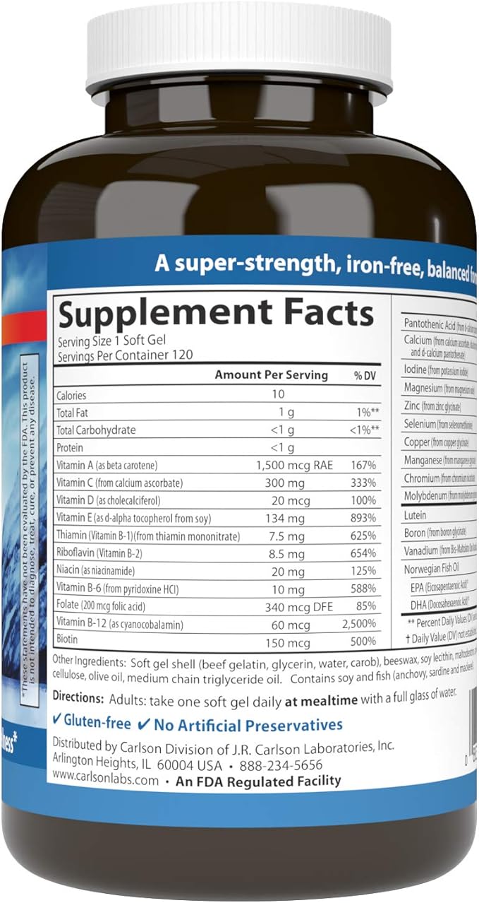 Carlson - Multi + Omega-3, Fish Oil with Vitamins & Minerals, Health Function and Optimal Wellness, 120 Softgels