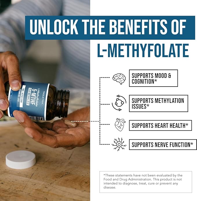 L Methyl Folate 1000 mcg Plus Methyl B12 Cofactor – Active 5-MTHF Form - Supports Mood, Methylation, Cognition – Highly Bioavailable Bioactive Forms of Vitamin B9 & B12 (60 Capsules – 60 Servings)