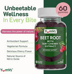 YUM-V'S Beet Root Gummies with Tart Cherry Extract - Berry Flavor Beetroot Gummies - Beet Chews for Blood Circulation and Antioxidant Support - Red Beets Gummies (Berry 60 Count (Pack of 1)