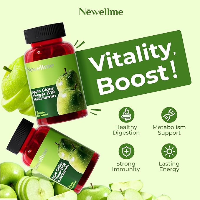 NEWELLME Sugar-Free Apple Cider Vinegar Gummies for Metabolism - 1000mg ACV with The Mother & Vitamin B12 for Energy Support - Vegan, Gluten-Free,180 Counts
