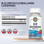 KAL Vitamin B-12 Methylcobalamin Lozenges 1000mcg, Healthy Energy, Metabolism, Nerve & Red Blood Cell Support,* Optimal Absorption, Natural Berry Flavor, Vegan, Sugar Free, 60 Servings, 60 Lozenges
