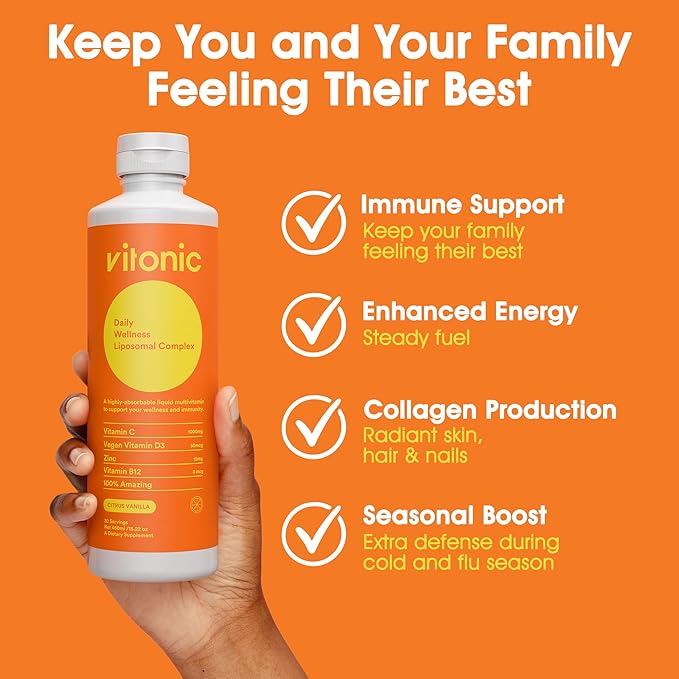 Liposomal Vitamin C 1000mg Liquid – Family Immunity Support | Up to 5× Higher Absorption | Multivitamin with D3, B12, Zinc | Collagen & Recovery Support | Vegan, Sugar-Free | 30 Servings