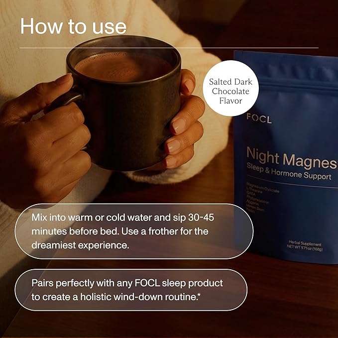 FOCL Night Magnesium Sleep Drink Mix, Natural Sleep Aid Powder for Adults with L-Theanine, Apigenin, Reishi and GABA, Sugar-Free, Non-GMO, Salted Chocolate